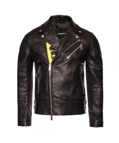 Dsquared2 Mens Large Print Biker Leather Jacket - Black - Size S