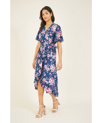 Mela London Womens Rose Printed Midi Wrap Dress - Navy - Size 16