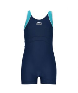 Slazenger Boys Girls Boyleg Swimming Suit Stretch Fit Swimwear Sea Pool Beach - Navy Nylon - Size 11-12Y