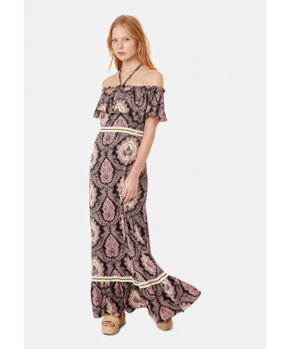 Traffic People Womens Dancing In The Sun Off Shoulder Maxi Dress in Paisley Print - Black - Size S