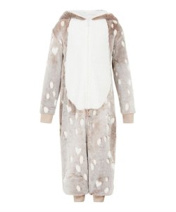 Yumi Girls Reindeer Luxury Flannel Fleece Hooded Ro - Brown - Size 3-4Y