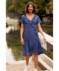 Yumi Womens Blue Denim Wrap Dress Cotton - Size 12