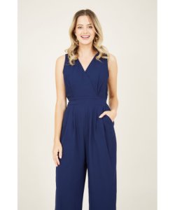 Yumi Womens Navy Wrap Over Wide Legged Lined Jumpsui - Size 8