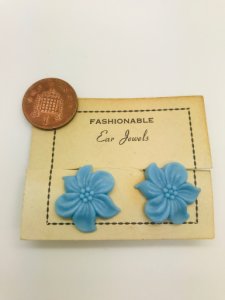 Authentic Vintage 1940s-50s Clip On Blue Flower Acrylic Resin Earrings by The Schein Brothers