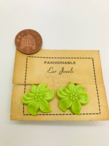 Authentic Vintage 1940s-50s Clip On Green Flower Acrylic Resin Earrings by The Schein Brothers