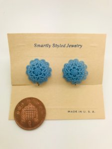 Rock N Romance - Authentic vintage 1940s-50s screw back dome earrings in blue floral lace acrylic resin by the schein brothers
