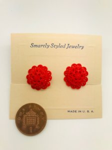 Authentic Vintage 1940s-50s Screw Back Dome Earrings in Red Floral Lace Acrylic Resin by Schein Brothers