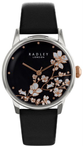 Radley Linear Flower Black Leather Silver Stainless Steel Quartz Ladies Watch RY2687