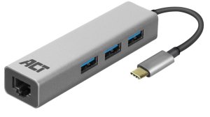 Act AC7055 1 x USB C Stecker auf 3 x USB A, Gigabit Network Port Hub 0,15 m Schwarz, Grau