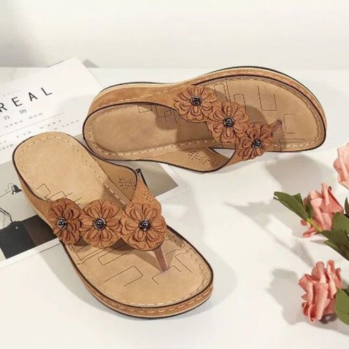 Retro Flowers Sandals Women's Handmade Sandals Casual Flat Bottom Flip-Flops Summer Outdoor Leisure 3D Printed Slippers - Brown / 36