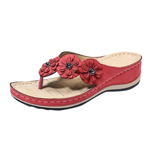 Retro Flowers Sandals Women's Handmade Sandals Casual Flat Bottom Flip-Flops Summer Outdoor Leisure 3D Printed Slippers - Red / 36