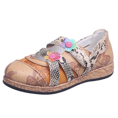 Vintage Floral Leather Shoes Splicing Colored Flat Shoes Genuine Leather Stitching Sandals Casual Wedges - khaki / 36
