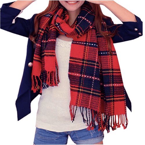 Women Winter Warm Plaid Scarf Long Wrap Checked Spinning Tassel Shawl Blanket Scarves 200x60 cm - ASF07