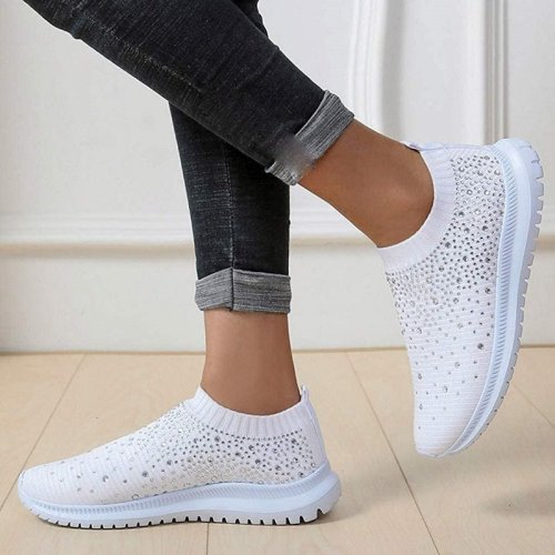Womens Fashion Rhinestone Breathable Slip On Sneakers Comfortable Running Walking Platform Casual Shoes - White / 36