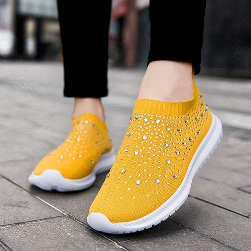 Womens Fashion Rhinestone Breathable Slip On Sneakers Comfortable Running Walking Platform Casual Shoes - Yellow / 36