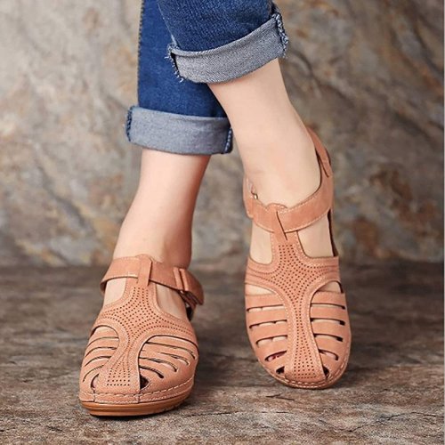 Womens Summer Hollow Closed Toe Wedge Sandals Casual Non-Slip Beach Leather Ankle Strap Vintage Platform Roman Shoes - Pink / 37
