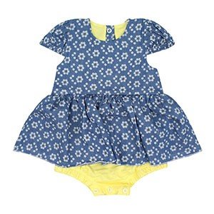 Body Vestido Bebê Feminino Jeans e Amarelo Florzinha (P/M/G) - Muleka Sapeka - Tamanho G - Jeans,Amarelo