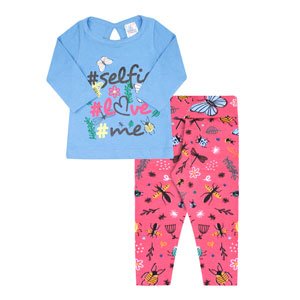Conjunto Bebê Feminino Camiseta Manga Longa Azul e Legging Rosa Bichinhos (P/M/G) - Kappes - Tamanho G - Azul,Rosa