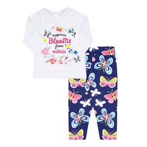 Conjunto bebê feminino camiseta manga longa branca e legging azul marinho borboleta (p/m/g) - Kappes - tamanho g - azul marinho,branco