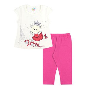 Conjunto Bebê Feminino Camiseta Off White Ursa e Legging Rosa Chiclete (1/2/3) - Jidi Kids - Tamanho 3 - Off White,Rosa