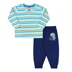Conjunto Bebê Masculino Blusa Verde Listrada e Calça Azul Marinho (1/2/3) - Gueda Kids - Tamanho 3 - Verde,Azul Marinho