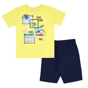 Conjunto Bebê Masculino Camiseta Manga Curta Amarela Summer e Bermuda (1/2/3) - Brandili - Tamanho 3 - Amarelo,Azul Marinho