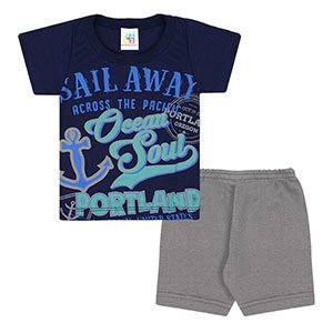 Conjunto Bebê Masculino Camiseta Manga Curta Azul Marinho Ocean e Bermuda Cinza (1/2/3) - Jidi Kids - Tamanho 3 - Azul Marinho,Cinza