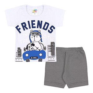 Conjunto Bebê Masculino Camiseta Manga Curta Branca Friends e Bermuda Cinza (P/M/G) - Jidi Kids - Tamanho G - Branco,Cinza