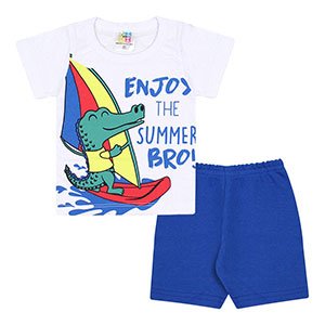 Conjunto Bebê Masculino Camiseta Manga Curta Branca Jacaré e Bermuda Azul Royal (P/M/G) - Jidi Kids - Tamanho G - Branco,Azul Royal