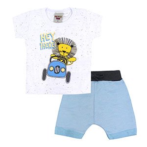 Conjunto Bebê Masculino Camiseta Manga Curta Branca Leão e Bermuda (P/M/G) - Pimentinha Kids - Tamanho G - Azul,Branco