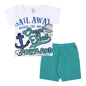 Conjunto Bebê Masculino Camiseta Manga Curta Branca Ocean e Bermuda Verde (1/2/3) - Jidi Kids - Tamanho 3 - Branco,Verde