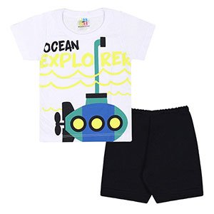Conjunto Bebê Masculino Camiseta Manga Curta Branca Submarino Bermuda Preta (1/2/3) - Jidi Kids - Tamanho 3 - Branco,Preto