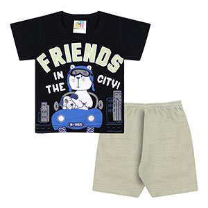 Conjunto Bebê Masculino Camiseta Manga Curta Preta Friends e Bermuda Verde (1/2/3) - Jidi Kids - Tamanho 3 - Preto,Verde
