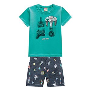 Conjunto Bebê Masculino Camiseta Manga Curta Verde e Bermuda Grafite Game (1/2/3) - Brandili - Tamanho 3 - Grafite,Verde