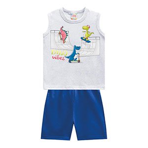 Conjunto Bebê Masculino Camiseta Regata Mescla Dino Vibes e Bermuda (P/M) - Brandili - Tamanho M - Azul Royal,Mescla