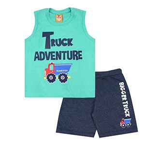 Conjunto Bebê Masculino Camiseta Regata Verde Truck e Bermuda Azul Marinho (1/2/3) - Gueda Kids - Tamanho 3 - Verde,Azul Marinho