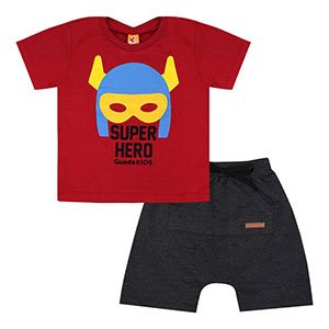 Conjunto Bebê Masculino Camiseta Vermelha Herói e Bermuda Saruel (1/2/3) - Gueda Kids - Tamanho 3 - Vermelho,Grafite