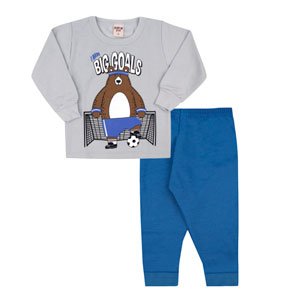 Conjunto Bebê Masculino Moletom Blusa Cinza Urso Jogador e Calça Azul Royal (1/2/3) - Viston - Tamanho 3 - Cinza,Azul Royal