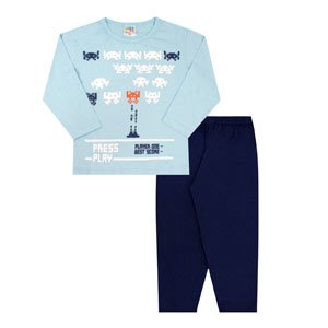 Pijama Infantil Masculino Camiseta Azul Press Play e Calça Azul Marinho (4/6/8) - Jidi Kids - Tamanho 8 - Azul,Azul Marinho