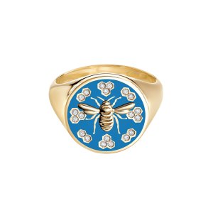 Birks Bee Chic Large Blue Enamel and Diamond Round Signet Ring - Ring Size L