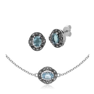 Art Deco Style Oval Blue Topaz and Marcasite Cluster Stud Earrings & Bracelet Set in 925 Sterling Silver