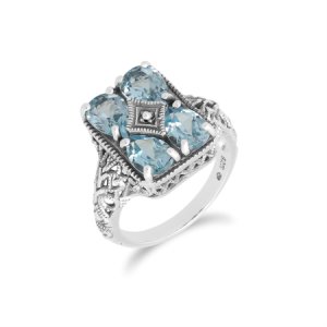 Art Nouveau Inspired Blue Topaz Statement Ring in 925 Sterling Silver