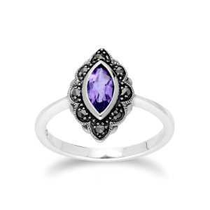 Gemondo - Art nouveau marquise amethyst & marcasite leaf ring in 925 sterling silver