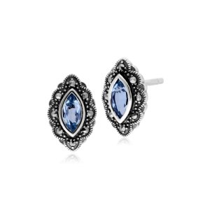 Gemondo - Art nouveau marquise blue topaz & marcasite stud earrings in 925 sterling silver