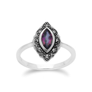Gemondo - Art nouveau marquise mystic topaz & marcasite leaf ring in 925 sterling silver