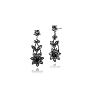 Gemondo - Art nouveau style black spinel & marcasite floral drop earrings in 925 sterling silver
