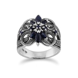 Gemondo - Art nouveau style marquise sapphire & marcasite floral cocktail ring in 925 sterling silver
