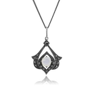 Art Nouveau Style Mother of Pearl & Marcasite Open Work Pendant in 925 Sterling Silver