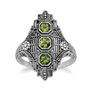 Art Nouveau Style Octagon Peridot Three Stone Filigree Statement Ring in 925 Sterling Silver