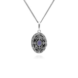 Art Nouveau Style Oval Dyed Purple Jade & Marcasite Locket Necklace in 925 Sterling Silver